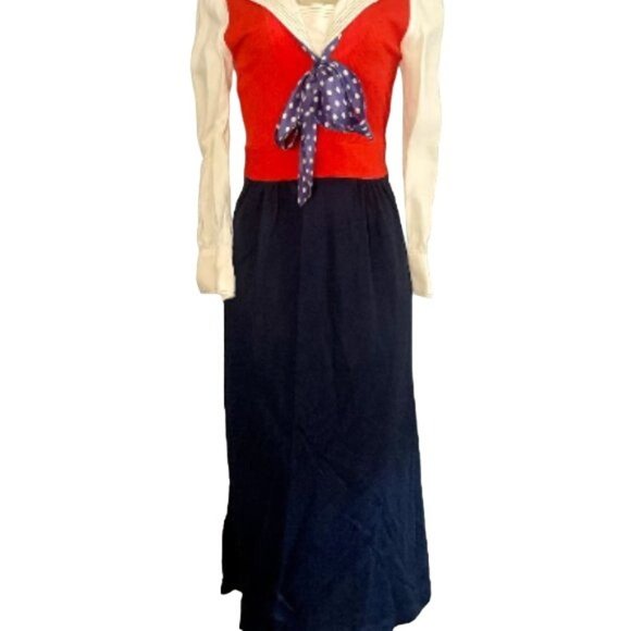 Vintage 70s Maxi Dress Sz S M Red White Blue w Long Sleeves & Polka Dots scarf. - Picture 3 of 8